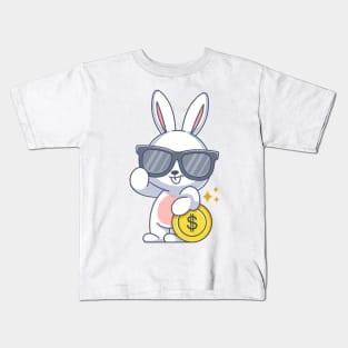 Cute bunny wearing glasses and leaning on a coin Kids T-Shirt